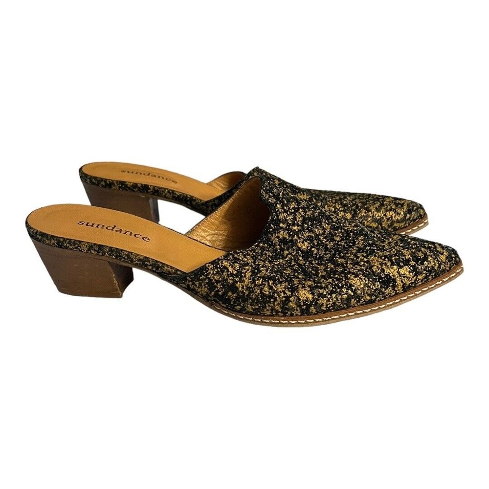 Sundance Women's Idalia Mules Black Gold Stacked Heel Slides Open Back Size 8 39